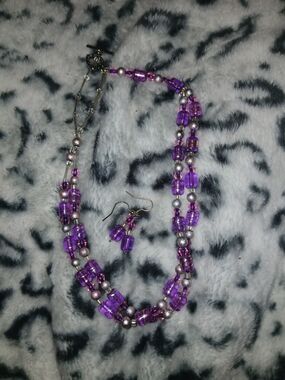 Purple Beaded Necklace and Earring Set